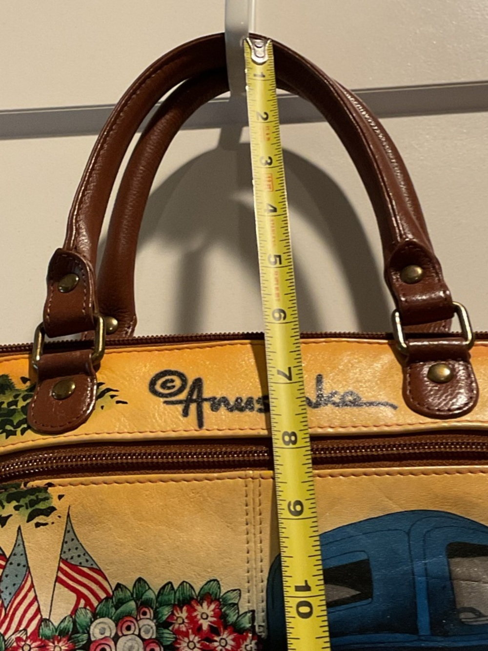 ANUSCHKA Blue Truck Barn Hand-Painted Leather Purse Handbag - Picture 7 of 15